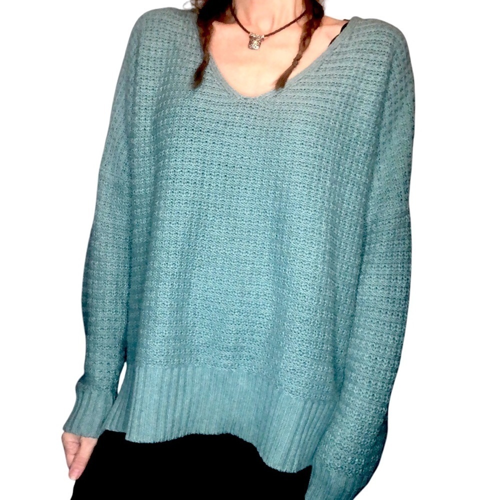 Rachel Zoe Sz L Sage Green Waffle Knit V Neck Boxy Loose Classic Preppy Cozy